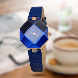 Women's Gem Cut Geometry Crystal Leather Quartz Wristwatch