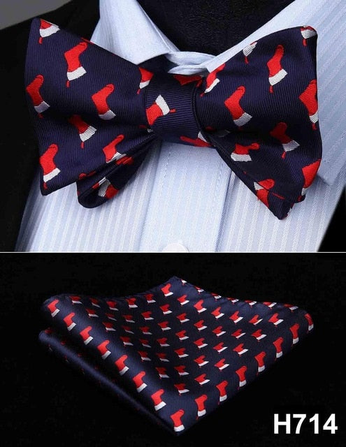 100% Silk Jacquard Woven Christmas Classic Bow Tie Set (w/matching Handkerchief)