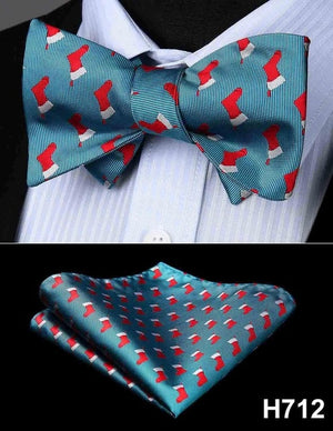 100% Silk Jacquard Woven Christmas Classic Bow Tie Set (w/matching Handkerchief)